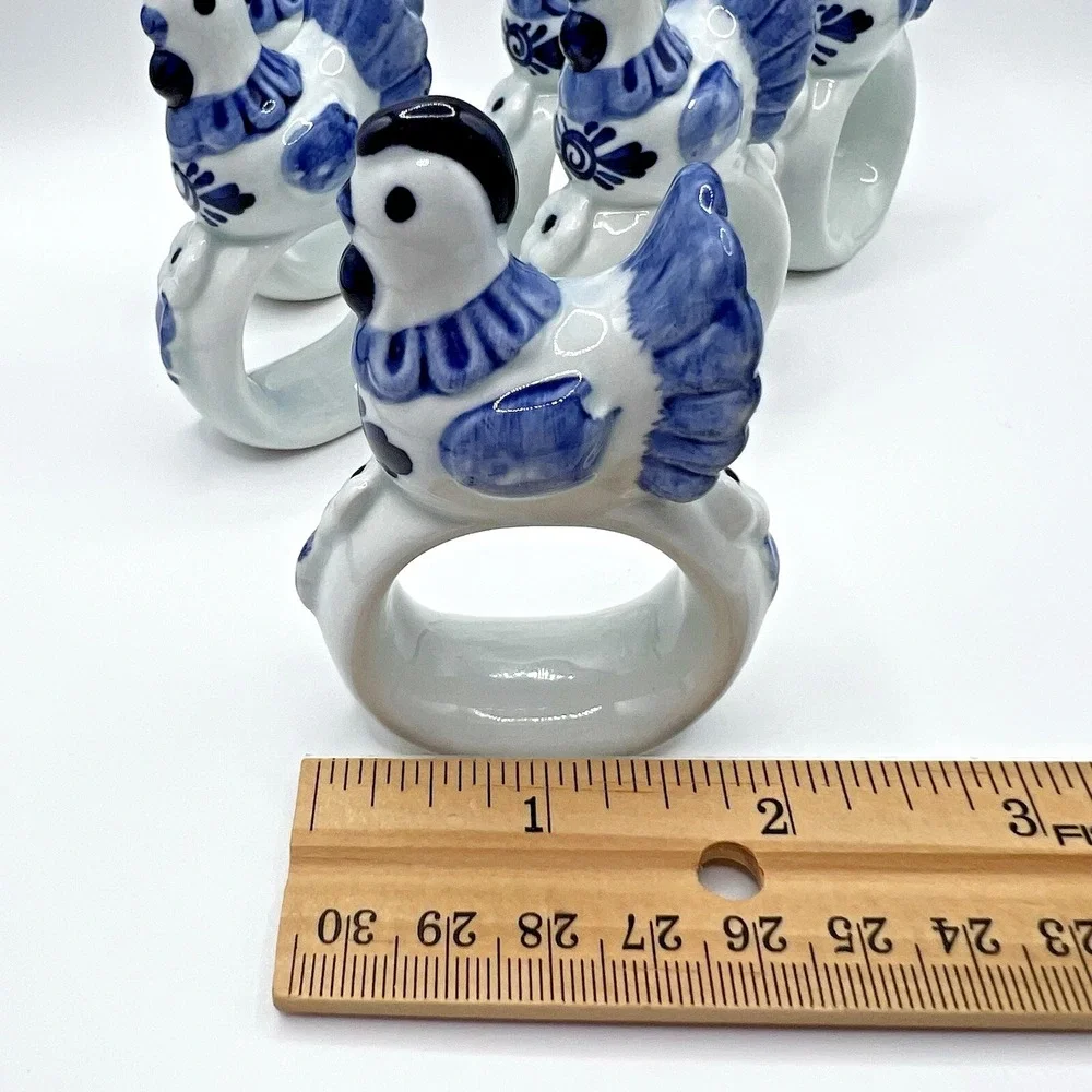 Hen Blue Ceramic Napkin Rings Farmhouse Cottagecore Chicken Vintage Set of 6